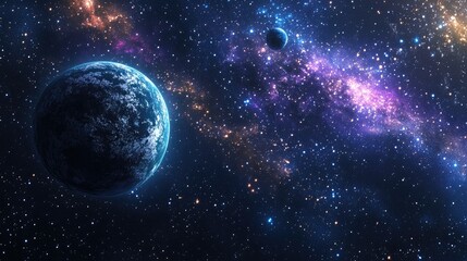 Stars of a planet and galaxy in a free space 3D cartoon rendering