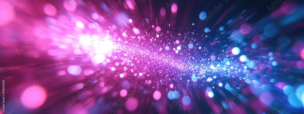 Poster futuristic space particles in pink and purple rendered in 3d cartoon style featuring a bright round 