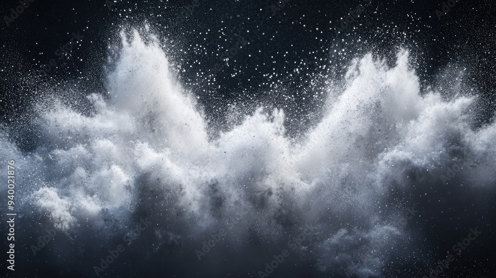 Poster freeze motion of white dust explosion on black background in 3d cartoon rendering stopping the movem