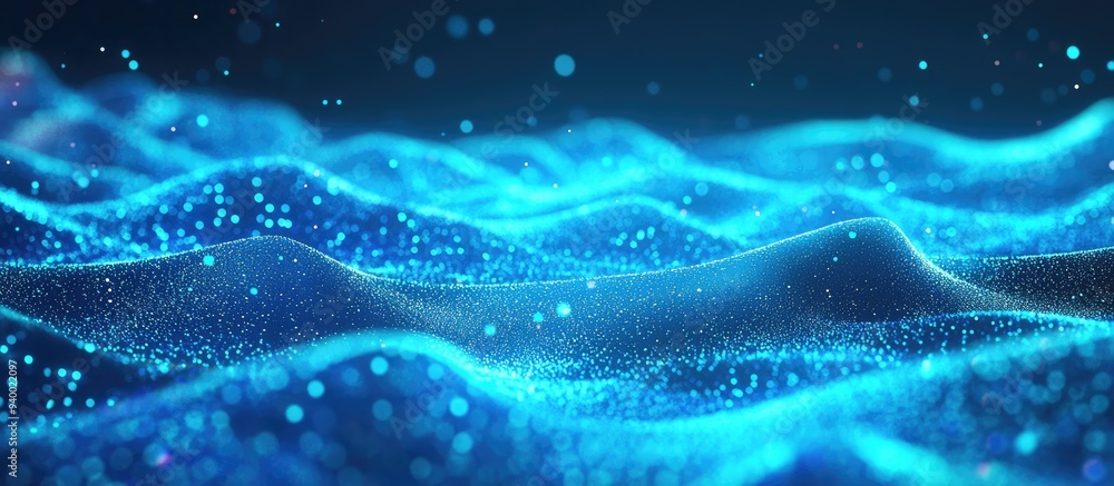 Leinwandbilder Abstract blue background featuring glowing particles that create lines and surfaces resembling a futuristic landscape in cyberspace or as a hologram This 3D cartoon rendering presents a sci fi the