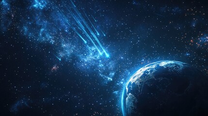 Obraz premium Colorful starry space featuring planet earth with a perseid meteor shower in a 3D cartoon rendering accompanied by copy space HD space header or banner design
