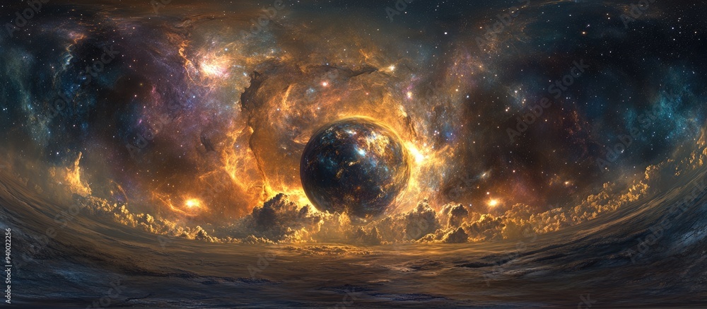 Poster 360 degree space nebula panorama in 3D cartoon rendering featuring equirectangular projection and environment map HDRI spherical panorama showcasing a space background with nebula and stars