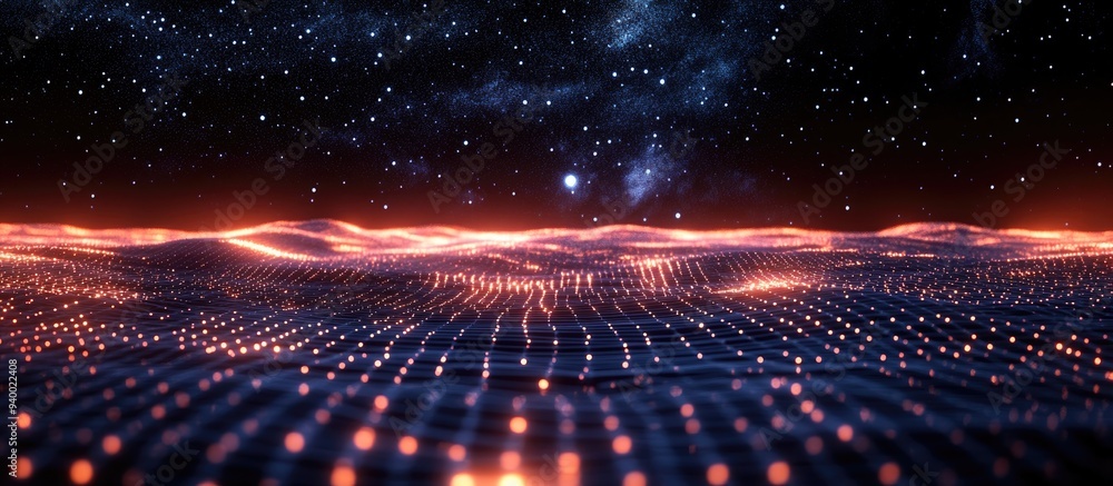 Leinwandbilder abstract landscape in a dark background featuring a star horizon cyberspace grid and a high tech net
