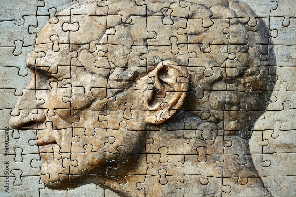 Aufkleber portrait of an elderly man with a brain made of puzzle pieces symbolizing wisdom memory and the intr
