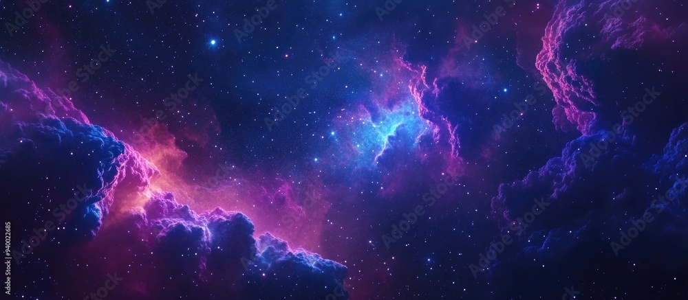 Poster Space background featuring a colorful fractal nebula in blue and violet hues accompanied by a star field in a 3D cartoon rendering