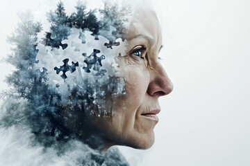 Portrait of an elderly woman with a fragmented face symbolizing memory loss aging and the fragility of cognitive processes and identity