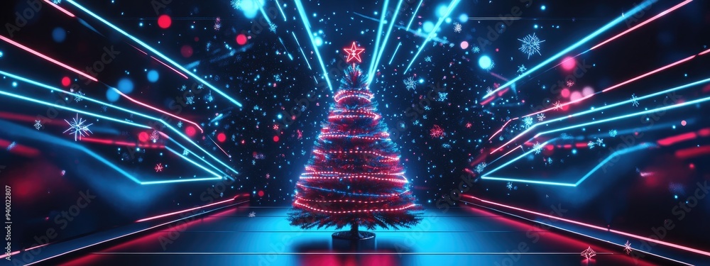 Poster neon techno christmas tree in a 3d cartoon rendering with a cosmic blue dark retro futuristic abstra