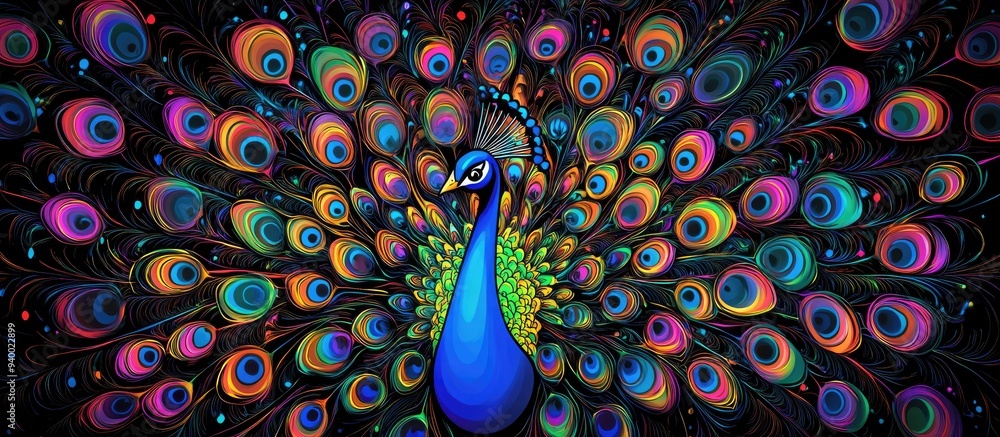 Poster fluorescent peacock outline in a colorful 3d cartoon rendering concept of a rainbow peacock with cos