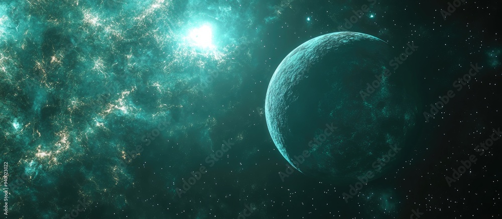 Poster Cartoon style 3D rendering of a space background blending elements of space and science