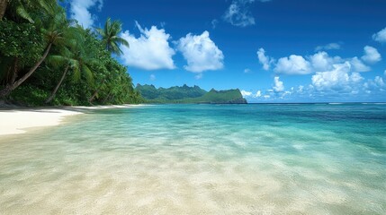 Naklejka premium Serene tropical beach with clear turquoise water, soft sand, and lush palm trees under a bright blue sky. Perfect for relaxation.