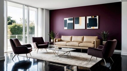 Modern living room with purple accent wall and designer furniture