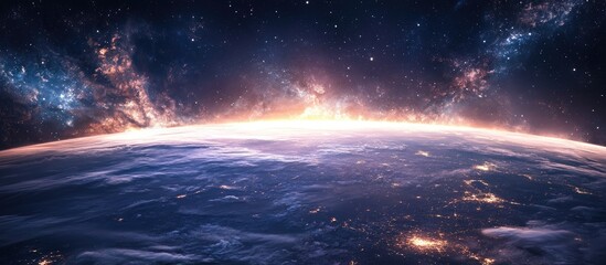 Fototapeta premium Panorama view of a 3D cartoon rendered cosmic landscape featuring a stunning science fiction wallpaper depicting the depths of space