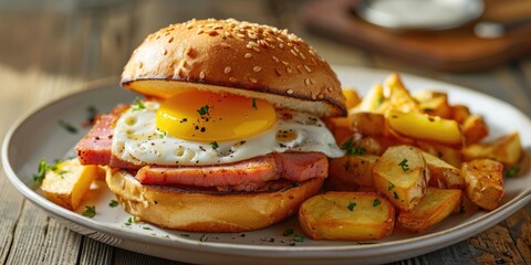 Fried spam and egg sandwich accompanied by homemade potato fries