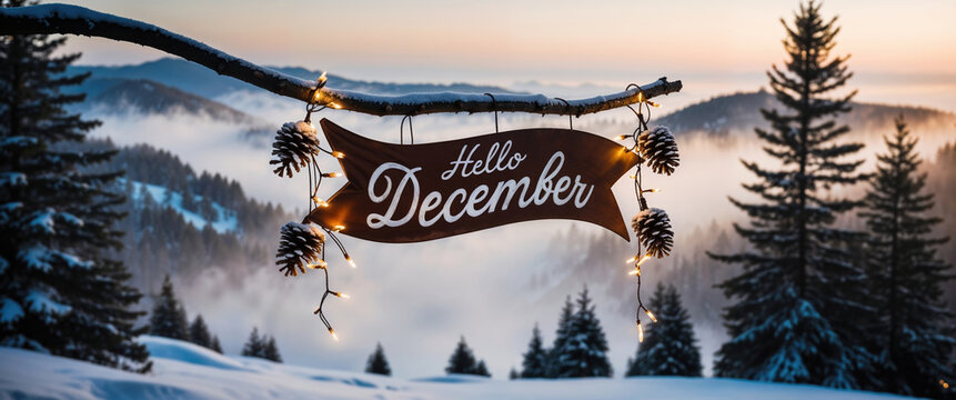 Hello december sign hanging from a branch covered in snow with a view of a valley