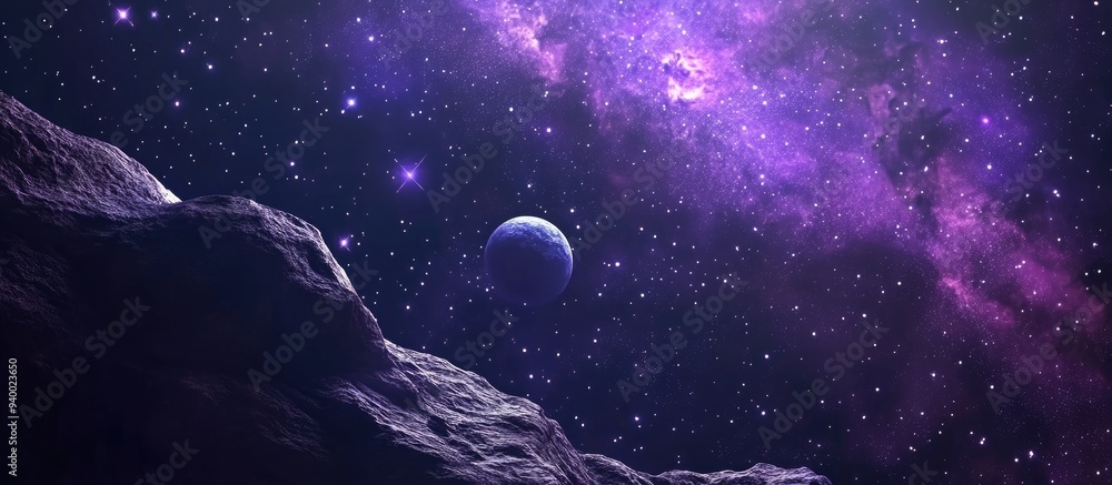 Aufkleber cartoon 3d rendering featuring a space background with a purple nebula and stars
