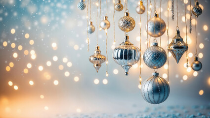 Christmas banner with hanging baubles on a glittering background