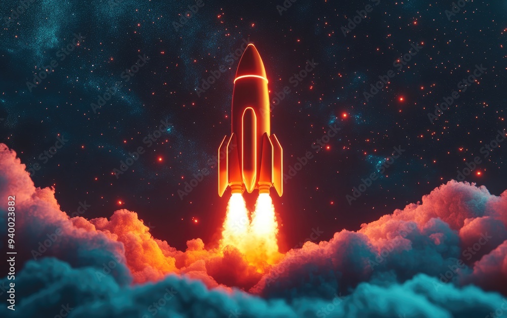 Poster Rocket takes off into space with a light blast in a starry sky depicted in 3D cartoon rendering Spaceship launch against a dark background concept