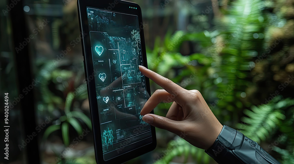 Poster a hand interacting with a tablet displaying a futuristic interface