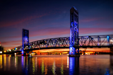 The Main Street Bridge in Jacksonville, Florida at sunset over the St Johns River.