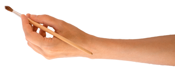 A girl's hand holds an art brush or notepad. Inspiration, draw, artist, study, take notes. On transparent, png