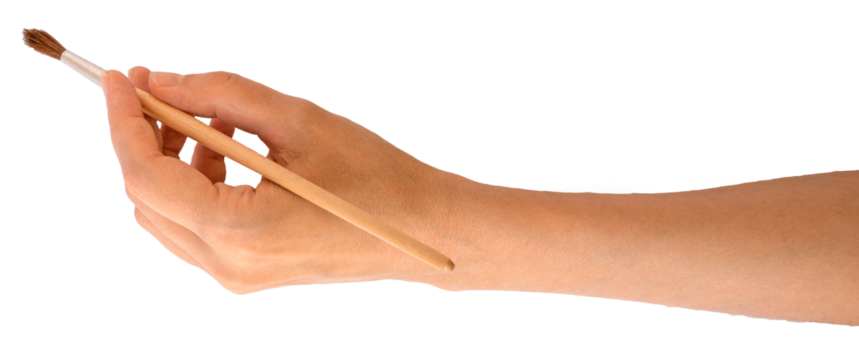 A girl's hand holds an art brush or notepad. Inspiration, draw, artist, study, take notes. On transparent, png