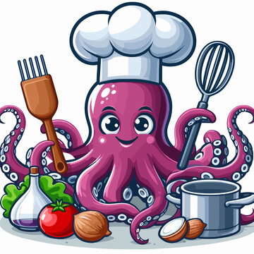 octopus chef cooking with utensils clip art preview