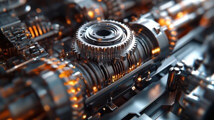 Fototapeta premium Close up of Shiny Metal Gears and Cogs with Orange Glowing Lights