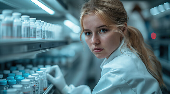 Medical bio laboratory, Research, Science test technology. Pharmaceutical lab specialist examines medicine vials, hospital patient samples. Medical student conducts research. Realistic style photo