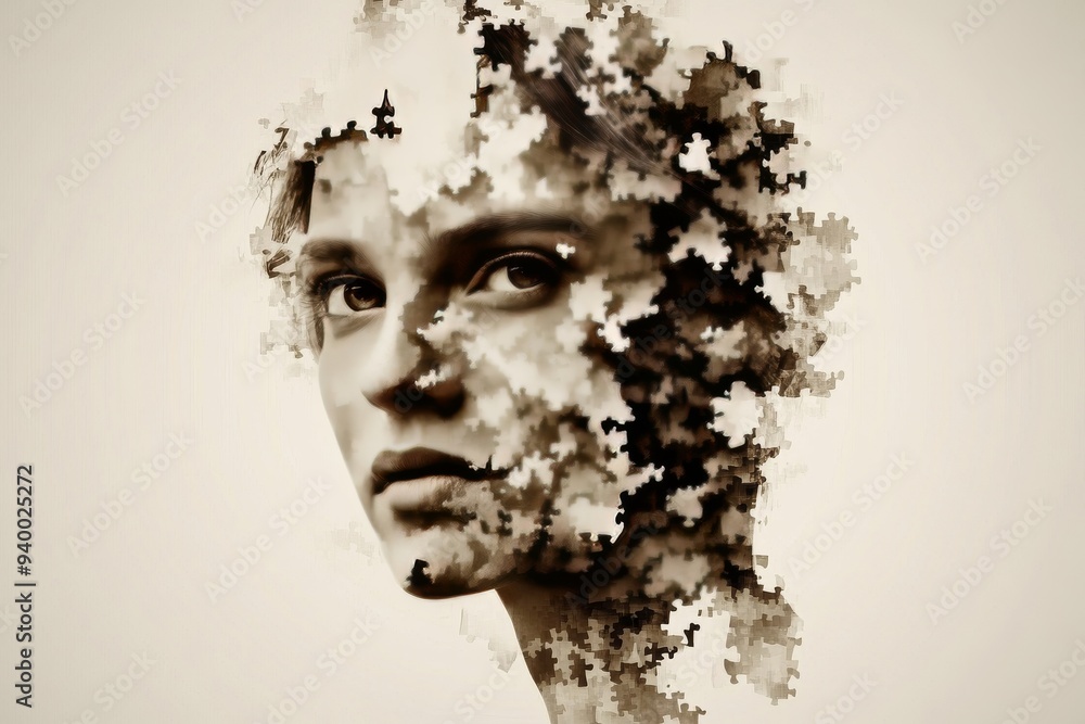 Poster surreal portrait of a woman with a face made of puzzle pieces symbolizing the fragmented nature of i