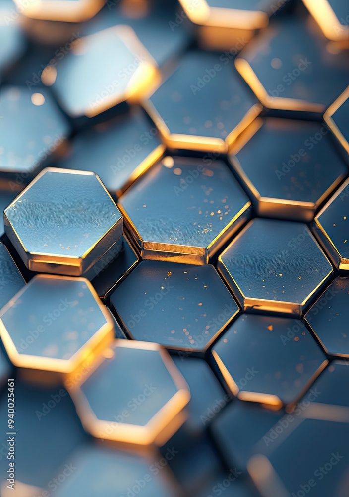Poster abstract pattern of metallic hexagon shapes with golden highlights
