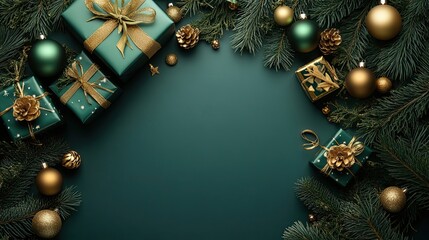 Festive Green and Gold Christmas Decorations on a Teal Background