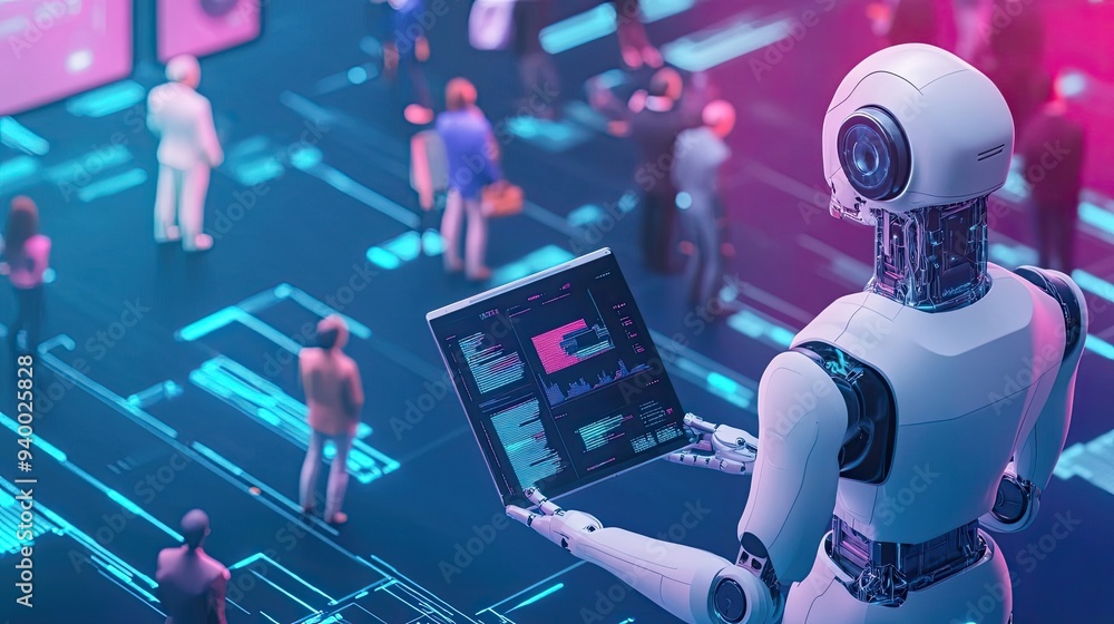 Poster a humanoid robot holding a tablet with data visualizations, surrounded by blurry human figures in a 