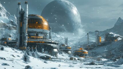 Futuristic Cityscape on a Snowy Alien Planet with a Large Moon
