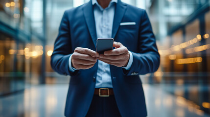 Businessman using smartphone in a corporate atrium, symbolizing on-the-go connectivity and digital communication in the corporate world.
