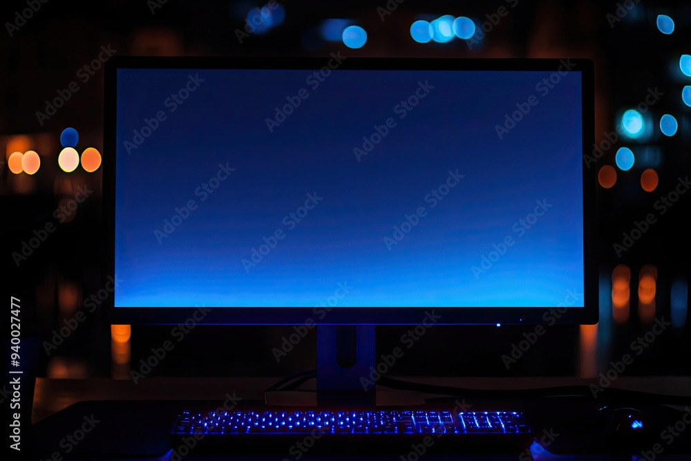 Poster a computer monitor and keyboard in a dark room with bokeh lights