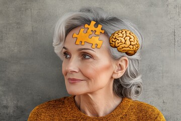 Elderly woman with a brain puzzle piece representing memory loss and cognitive decline highlighting the challenges of aging and mental health in seniors through a symbolic representation