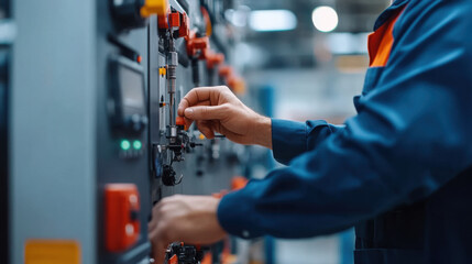 Close-up of a hand adjusting switches on an industrial control panel, showing precision and control in a manufacturing environment.