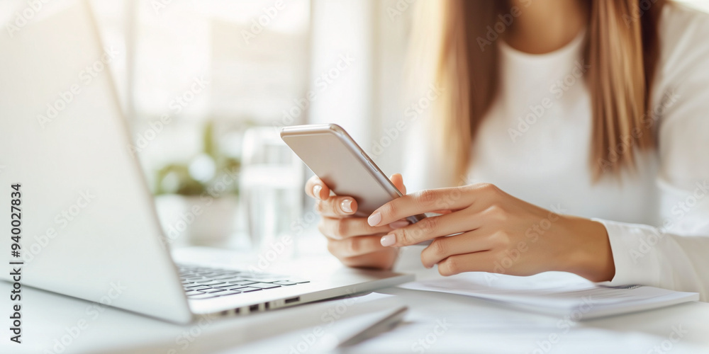 Poster woman multitasking with a smartphone and laptop, showcasing efficient digital workflow and connectiv
