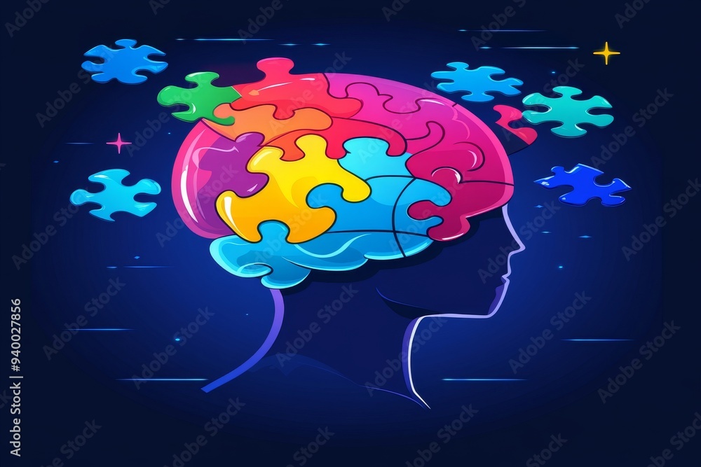 Poster colorful brain composed of jigsaw puzzle pieces on a blue background representing the complexity of 