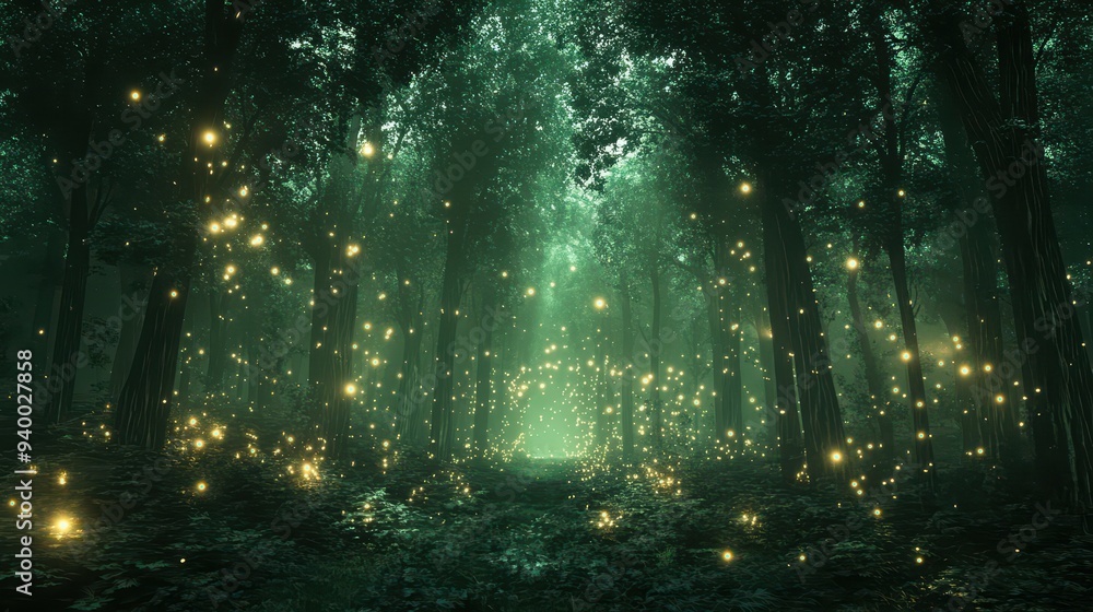 Poster enchanting firefly forest path with magical glow