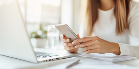 Fototapeta premium Woman multitasking with a smartphone and laptop, showcasing efficient digital workflow and connectivity in a modern workspace.
