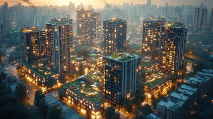 Obraz premium Modern Urban Architecture with Green Roofs and Street Lights at Dusk