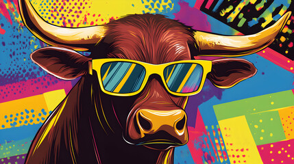 A pop-art inspired illustration of a brown bull with bright yellow glasses, surrounded by vibrant, contrasting colors and graphic elements