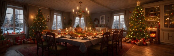 Fototapeta premium 360 degree cozy family dining room on Christmas Eve, with a large table set with a festive feast and a decorated Christmas tree in the corner presents underneath. HDRI spherical panorama.