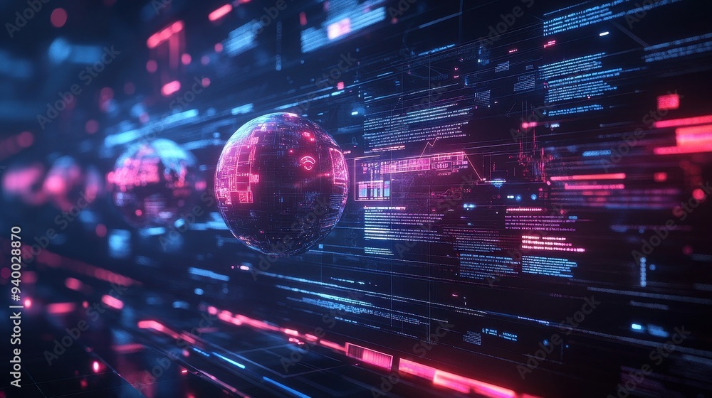 Poster digital globe with neon lights and data futuristic technology background