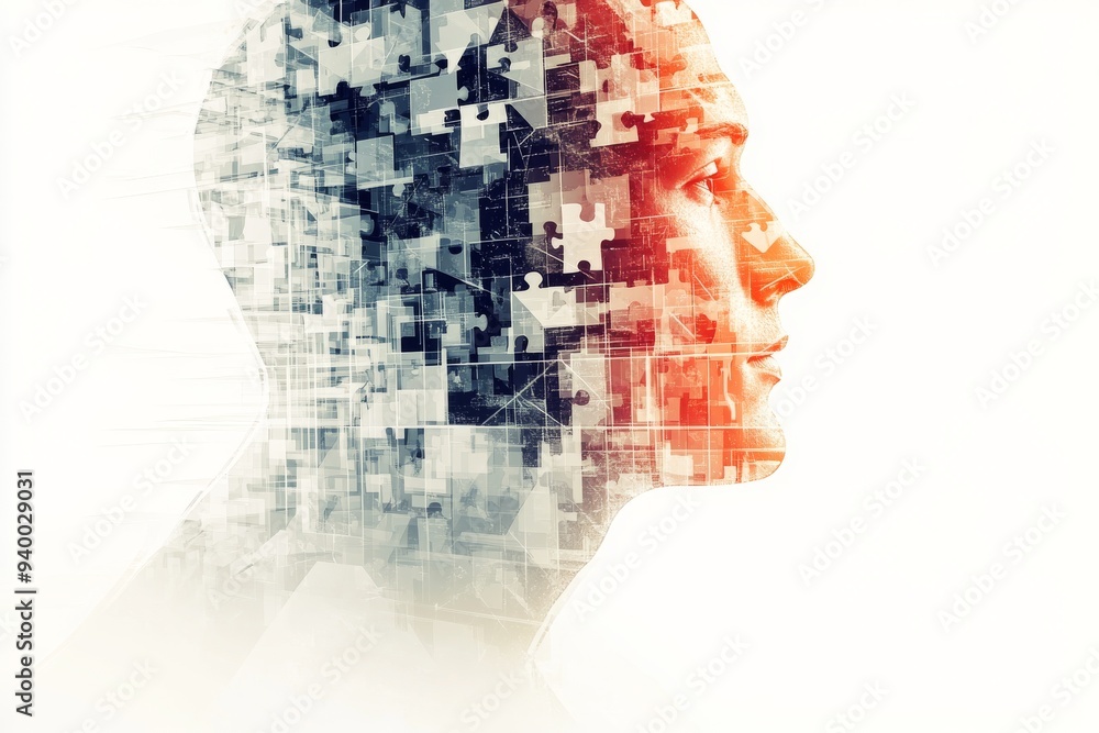 Poster profile of a fragmented human figure composed of digital blocks representing the deconstruction and 