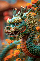 Obraz premium Intricate Chinese Dragon Statue Surrounded by Orange Flowers in a Traditional Setting