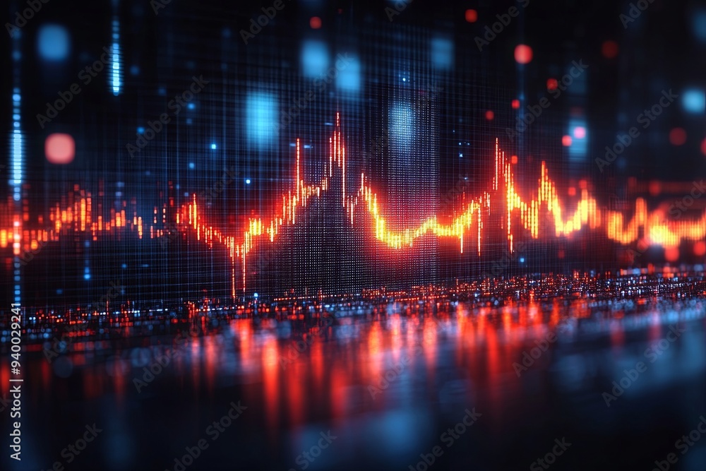 Poster the waveform displays fluctuating frequencies illuminated on a digital interface with bright colors 