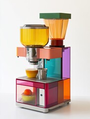 Colorful Espresso Machine with Glass Containers and a Cup of Coffee