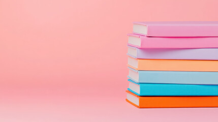 Fototapeta premium neat stack of colorful hardcover textbooks on soft pink background, with copy space for text